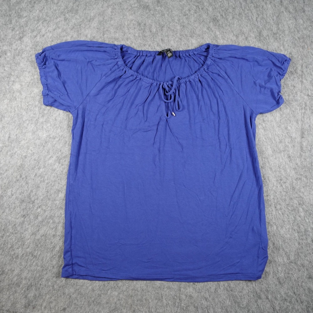 Ralph Lauren Top Women Large Blue Peasant Neck Short Sleeve Stretch Blouse